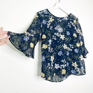 Astr Navy Sheer Floral 3/4 Bell Sleeve Blouse with Cami S